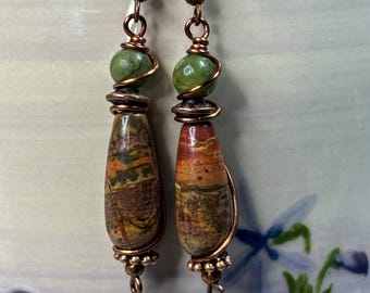 Red Creek Jasper Dangle Earrings: Bohemian Rustic Teardrop Jewelry