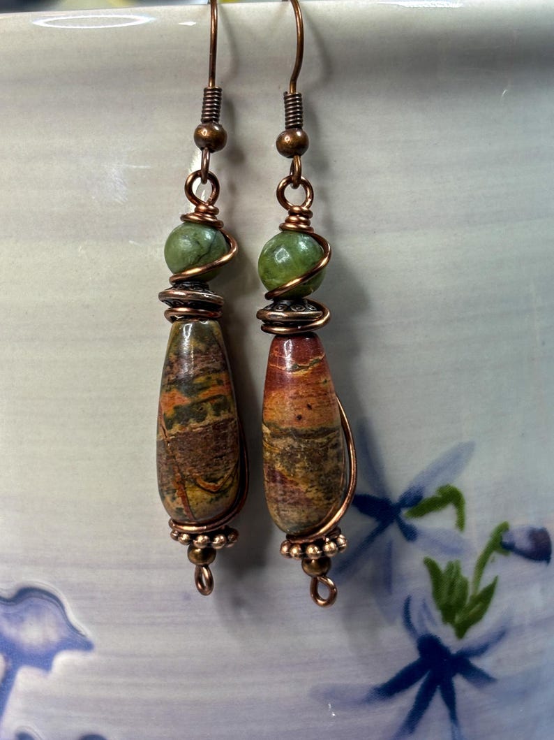 Red Creek Jasper Dangle Earrings: Bohemian Rustic Teardrop Jewelry image 1