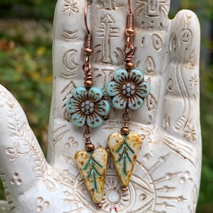 Boho Czech Glass Flower Earrings: Heart Leaf Dangle