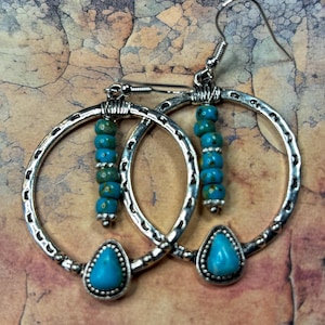 Bohemian Turquoise Hoop Earrings: Czech Glass Boho Jewelry