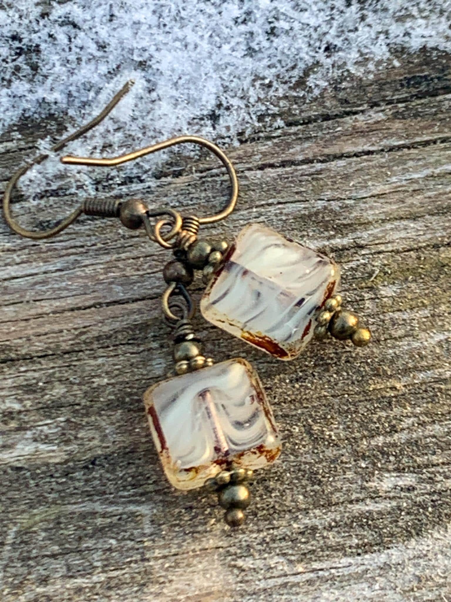 アクセサリー Organic motif Glass Earrings - clear Square Czech Picasso Glass Earrings: Rustic Bohemian Dangle
