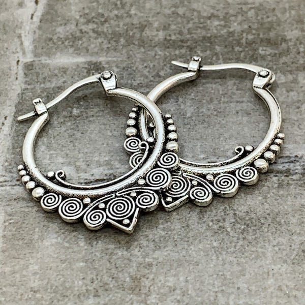 Silver Bali Hoops - Bohemian Hoop Earrings - Bohemian Hippie Gypsy Statement Earrings