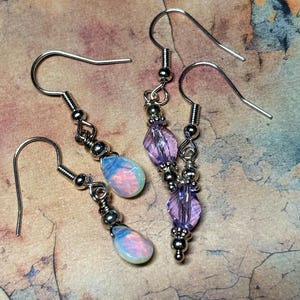 Teardrop Opalite /Crystal Lilac  Dangle Earrings: Bohemian Faceted Gemstone