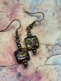 Square Czech Picasso Glass Earrings: Rustic Bohemian Dangle Earrings