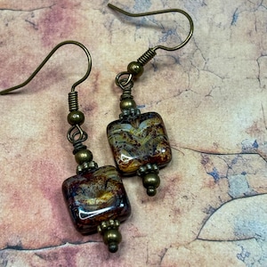 Square Czech Picasso Glass Earrings: Rustic Bohemian Dangle Earrings