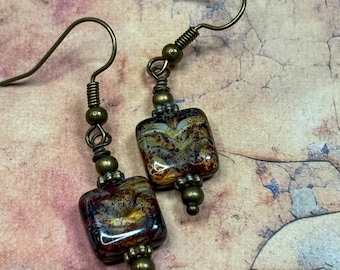 Square Czech Picasso Glass Earrings: Rustic Bohemian Dangle Earrings