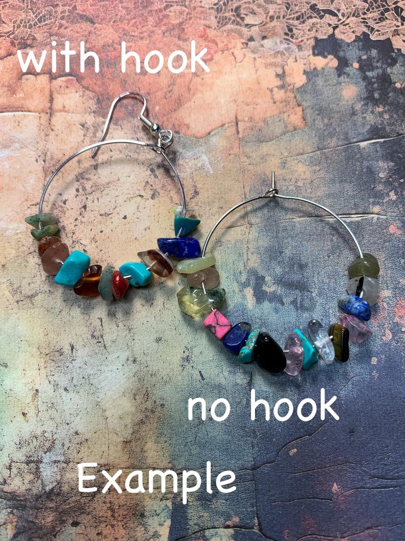 May include: Two hoop earrings with a variety of colorful stones, one with a hook and one without. The text "with hook" and "no hook" are written on the image. The text "Example" is also written on the image.