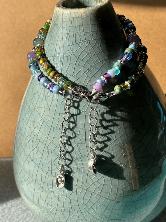 Minimalist Seed Bead Bracelet with Gemstones Adjustable Length  7 1/2  inches to 10 inches  Bohemian Jewelry-  on wire more colors