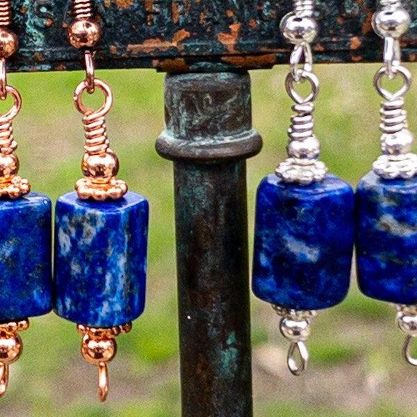 Lapis Lazuli Dangle Earrings small cube 10mm-12mm or large tube 13mm-19mm  Bohemian Jewelry  western boho