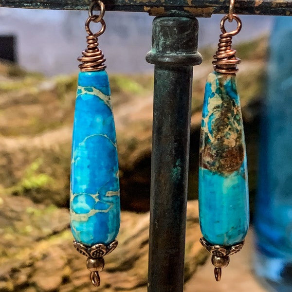 Beautiful Blue Sea Sediment Jasper Teardrop 8x30mm Gypsy Statement Bohemian Hippie dangle and drop earrings