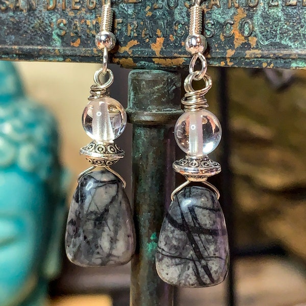 Beautiful Spider Web - Picasso - Earrings synthetic moonstone Aura Quartz - Bohemian Hippie Gypsy Statement Earrings - Rustic and Earthy