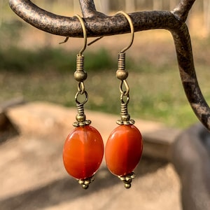 May include: A pair of dangle earrings with orange carnelian gemstone beads and gold-toned metal accents.