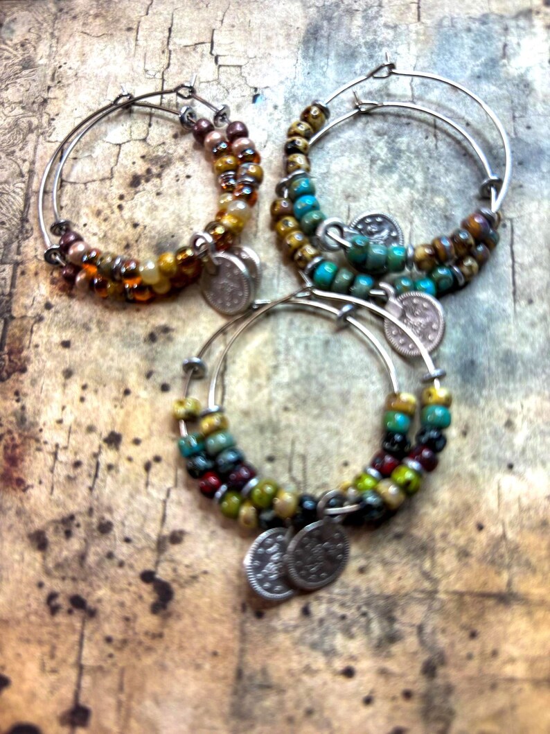Boho Picasso Seed Bead Hoop Earrings: Stainless Steel, 35mm more colors image 2