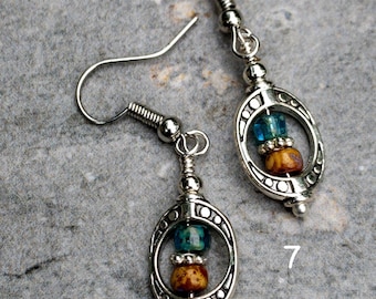 Small Silver Boho Earrings - Small Dangle Earrings Picasso Czech glass beads