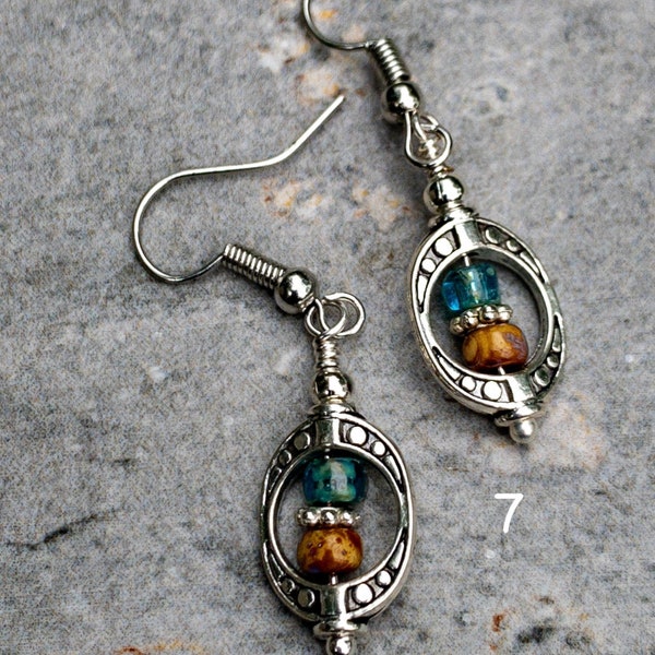 Small Silver Boho Earrings - Small Dangle Earrings Picasso Czech glass beads