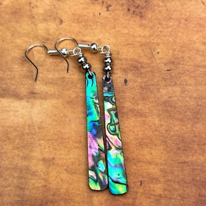 Iridescent Double-Sided Abalone Shell with Acrylic Base Earrings Copper Silver Antique Brass Stick Drop