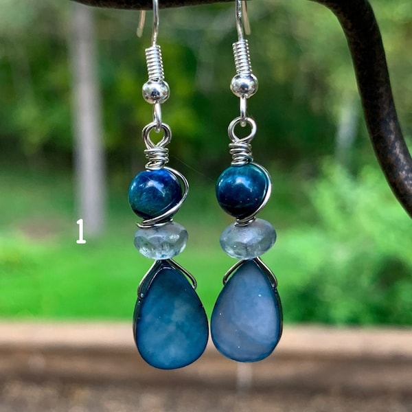 Beautiful Blue Apatite Earrings with Flat Teardrop Blue Shell Beads  Gypsy Hippie Statement boho Golden Tiger Eye -  Labradorite - Sunstone