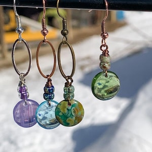 Boho Dangle Earrings: Czech Glass Picasso Beads, Ocean Teal