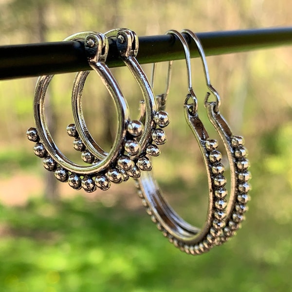Silver Small Bali Hoops or Large  Style Dainty Hypoallergenic - Ethnic -  Rustic  - Bohemian - Gypsy - Hippie  Shabby Chic Statement