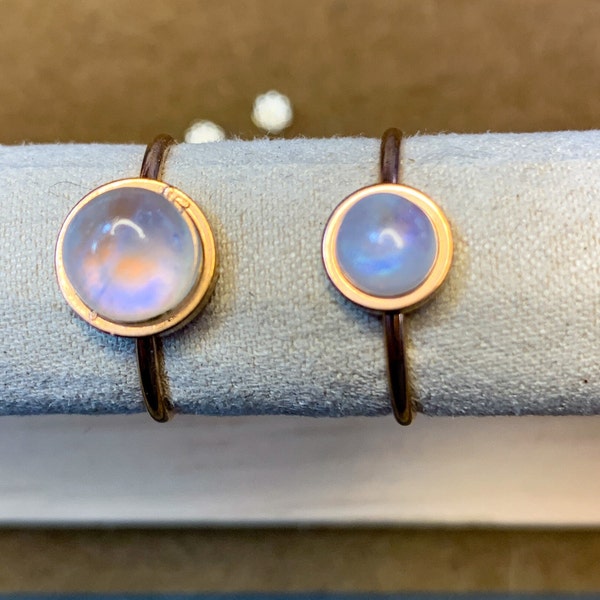 Top Grade Blue Fire Moonstone Ring 6mm or 8mm Boho Gypsy Statement Adjustable Stainless Steel  316L in Gold - Rose Gold - Steel