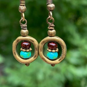 Czech Glass Dangle Earrings: Rustic Antique Brass Bohemian Earrings