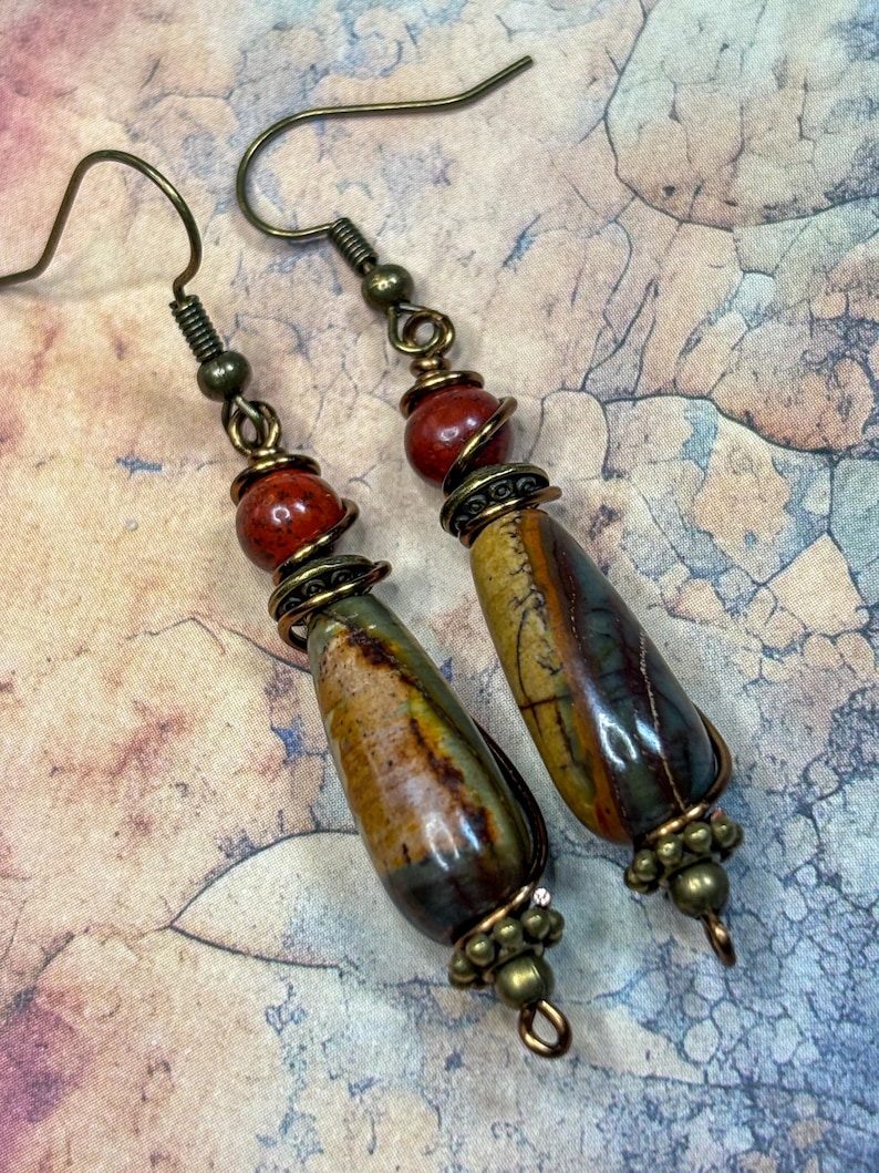 Red Creek Jasper Dangle Earrings: Bohemian Rustic Teardrop Jewelry image 20