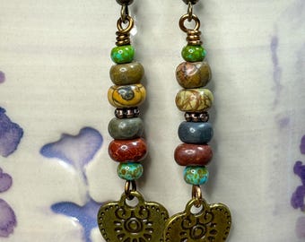 Jasper Heart Dangle Earrings – Bohemian Rustic Earthy Jewelry