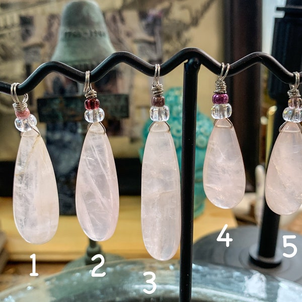 Natural Pink Rose Quartz Pear Teardrop  crystal Pendant/ Charm  Teardrop Gemstone Pendant for Women Rustic Ethnic Gypsy Hippie Statement