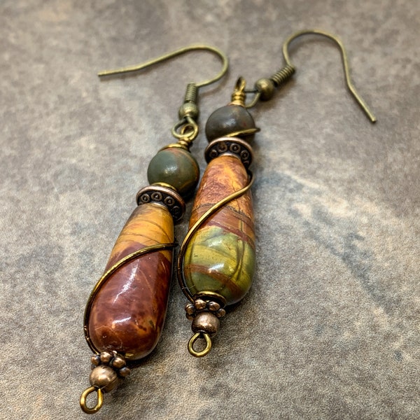 Teardrop or Barrel  Red Creek Jasper Earrings - Red River - Picasso Jasper - Fall Jewelry- Bohemian  Statement Earrings - Rustic and Earthy