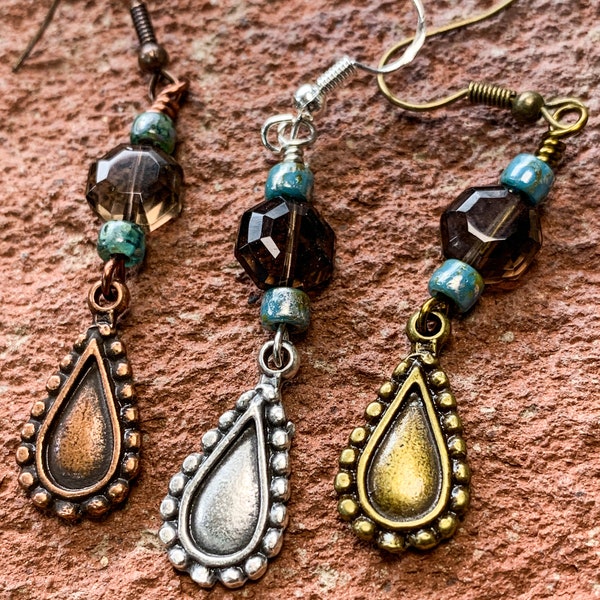 Smokey Quartz Southwest Earrings with Czech Glass  Dangle And Drop  Fall Jewelry- Bohemian Hippie Gypsy Statement - Rustic and Earthy