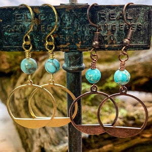 Genuine Turquoise Earrings Brass or Copper   bohemian earrings - southwestern style cowgirl - Rustic Statement boho dangle drop earrings