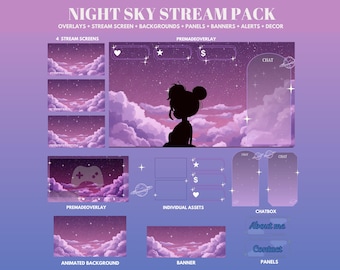 Paquete de transmisión animada "Cielo nocturno púrpura": Superposición y fondos para Twitch