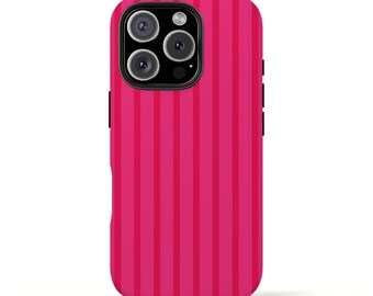 May include: A bright pink phone case with vertical stripes in varying shades of pink. The case has a camera module with multiple lenses and a black frame. The design is simple and modern, suitable for protecting a smartphone.
