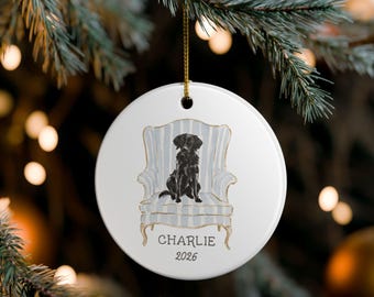 Personalized Black Labrador Christmas Ornament, Custom Dog Name and Year, Blue and White Stripe Chair