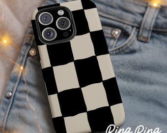 Black Checkered iPhone 15 Pro Max Case: Retro Gingham Grid, Glossy Finish