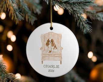 Personalized Cavalier King Charles Spaniel Christmas Ornament, Custom Dog Name and Year, Blush Floral Chair
