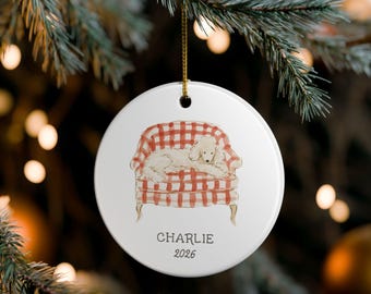 Personalized White Poodle Christmas Ornament, Custom Dog Name and Year, Red Check Chair