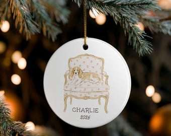 Personalized Beagle Christmas Ornament, Custom Dog Name and Year, Pink Floral Chair