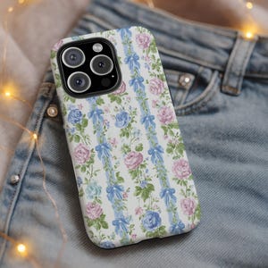 Floral Stripe iPhone Case: Blue Cottagecore Phone Cover