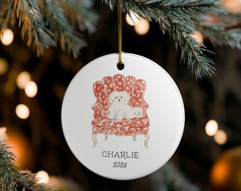 Personalized Maltese Christmas Ornament, Custom Dog Name and Year, Red Floral Chair