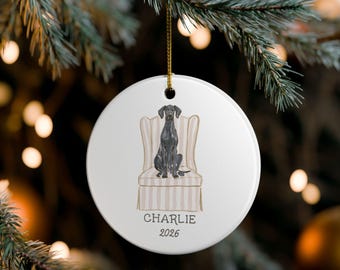 Personalized Great Dane Christmas Ornament, Custom Dog Name and Year, Pink and White Stripe Chair