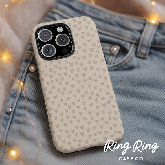 Beige Heart Case Neutral Cute Cover Minimal Romantic Aesthetic Tiny Hand Drawn Print Soft Glossy Love Style iPhone 16 Pro Max Gift Case