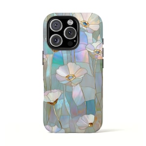 Iridescent Wildflower iPhone phone case iPhone 16 ProMax – Pearl Stained Glass Floral Cover Gift for Her – Dreamy Fairycore Garden iPhone