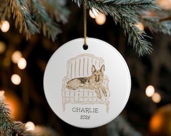 Personalized German Shepherd Christmas Ornament, Custom Dog Name and Year, Beige Vertical Stripe Chair