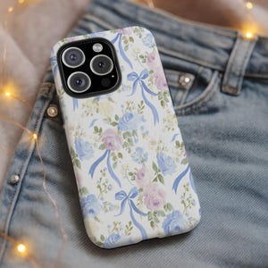 Cottagecore Floral iPhone Case: Blue Ribbon Roses, Coquette Phone Cover