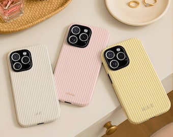 Preppy Striped Custom Phone Case. LIVE Preview of personalized phone cases with Monogram, Initials or Name. Cover for New iPhone 17 Pro Max