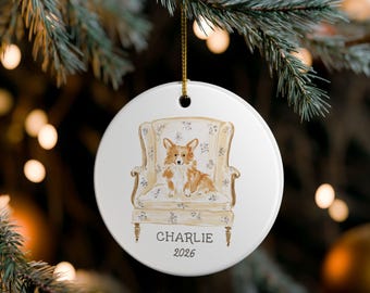 Personalized Pembroke Welsh Corgi Christmas Ornament, Custom Dog Name and Year, Cream Floral Wingback Chair