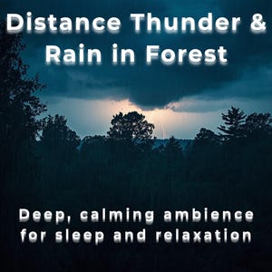 May include: A dark, moody image of a forest under a stormy sky. White text reads "Distance Thunder & Rain in Forest" and "Deep, calming ambience for sleep and relaxation."