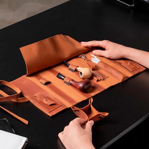 Leather pipe roll, Tobacco pipe pouch, Personalized leather pipe bag, Leather pipe case, Travel pipe pouch, Leather pipe holder