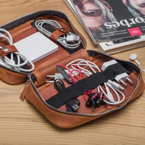 Personalized Leather Cable Organizer, Custom Cord Organizer, Leather Tech Bag, Charger Pouch, Gadget Organizer, Travel Cable Holder